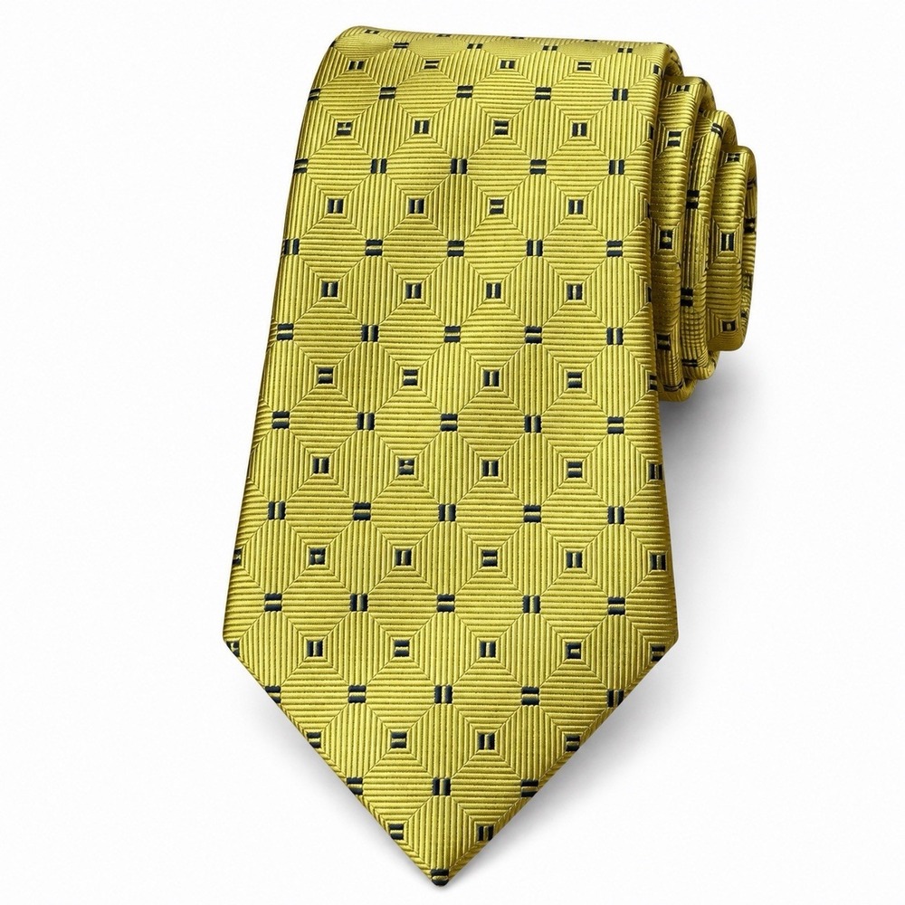 Brooks Brothers Basics Mens 100% Silk Tie Yellow Navy Geometric Made USA Preppy